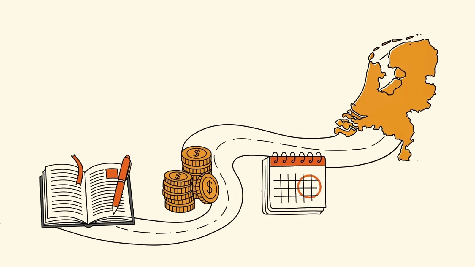 Editorial illustration of the cost of inburgeren: books, euro coins and a calendar on a path toward the Netherlands