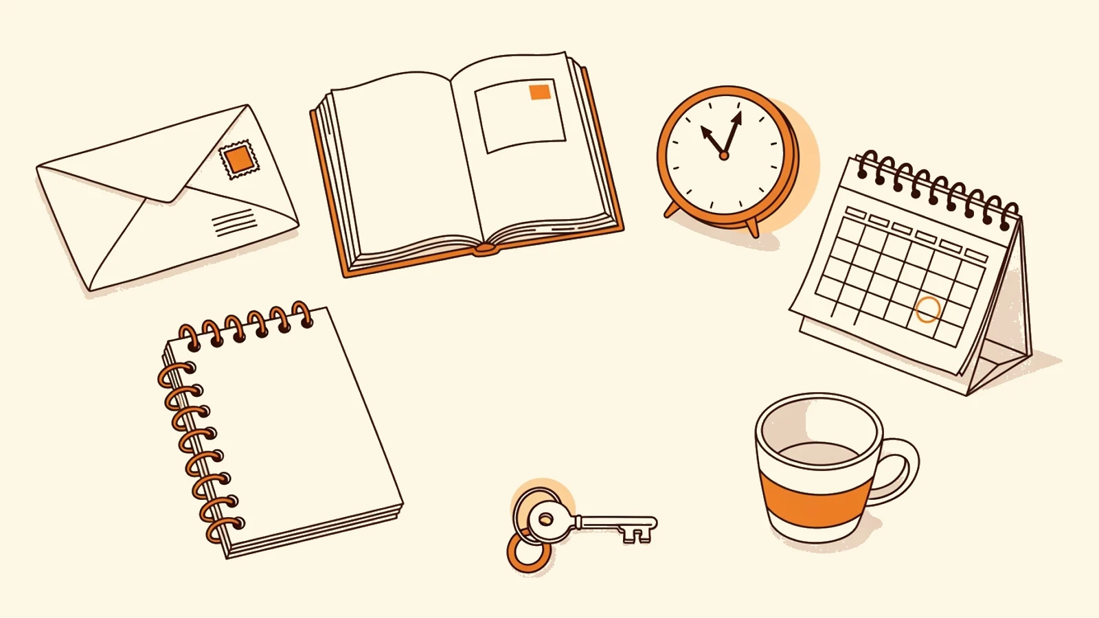 Line illustration of items for exam preparation: a notebook, an open book, an alarm clock, a calendar and a key