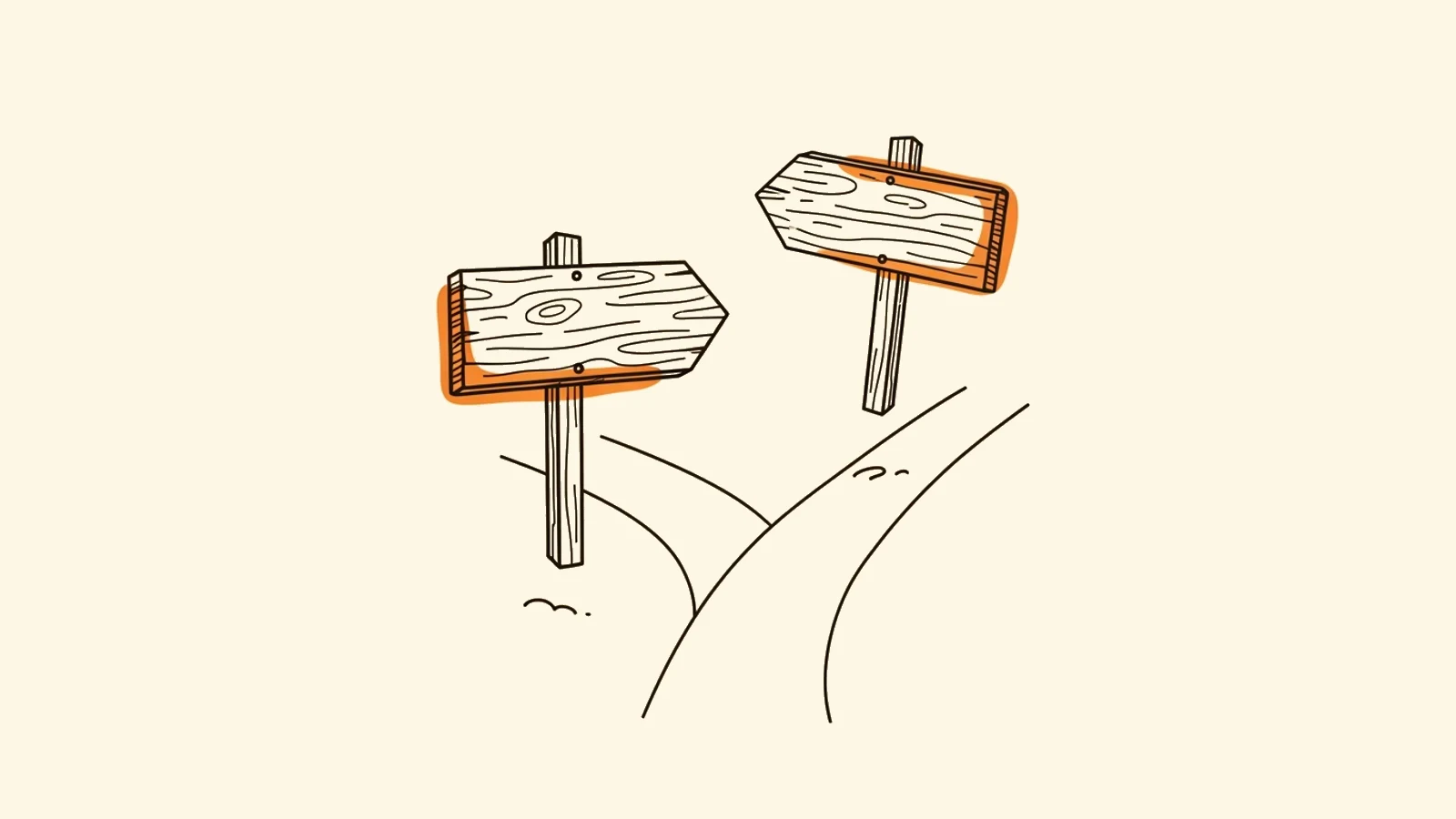 Line illustration of two signposts at a fork in the road, the choice between inburgering level A2 and B1