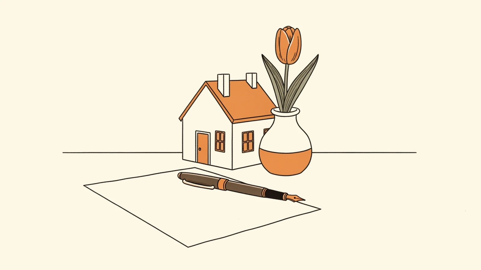 Line illustration of a sheet of paper with a fountain pen, beside a small house and a tulip in a vase, evoking the PVT participation statement in inburgering