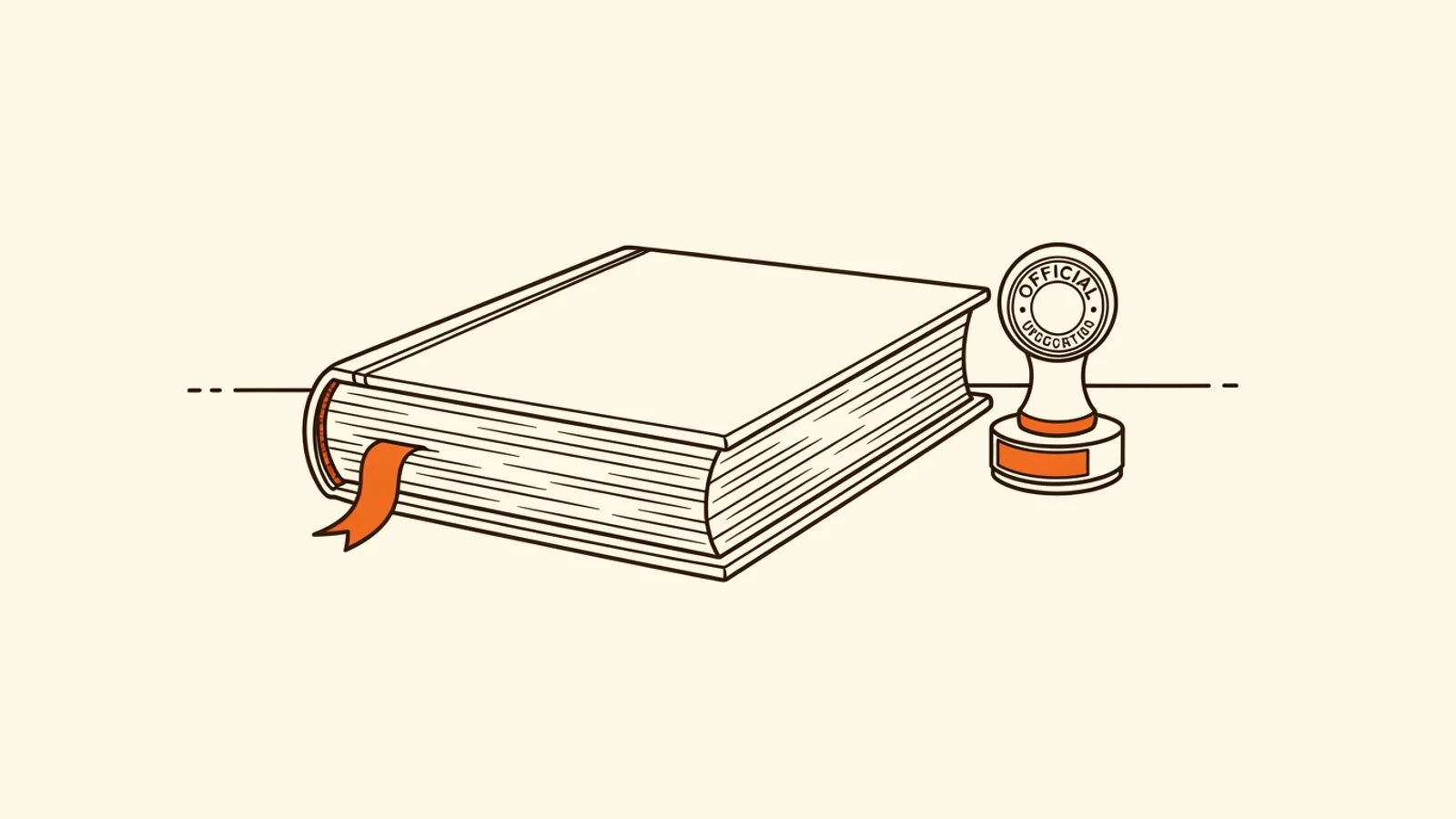 Line illustration of a closed law book with a bookmark ribbon and an official stamp, the Wet inburgering 2021
