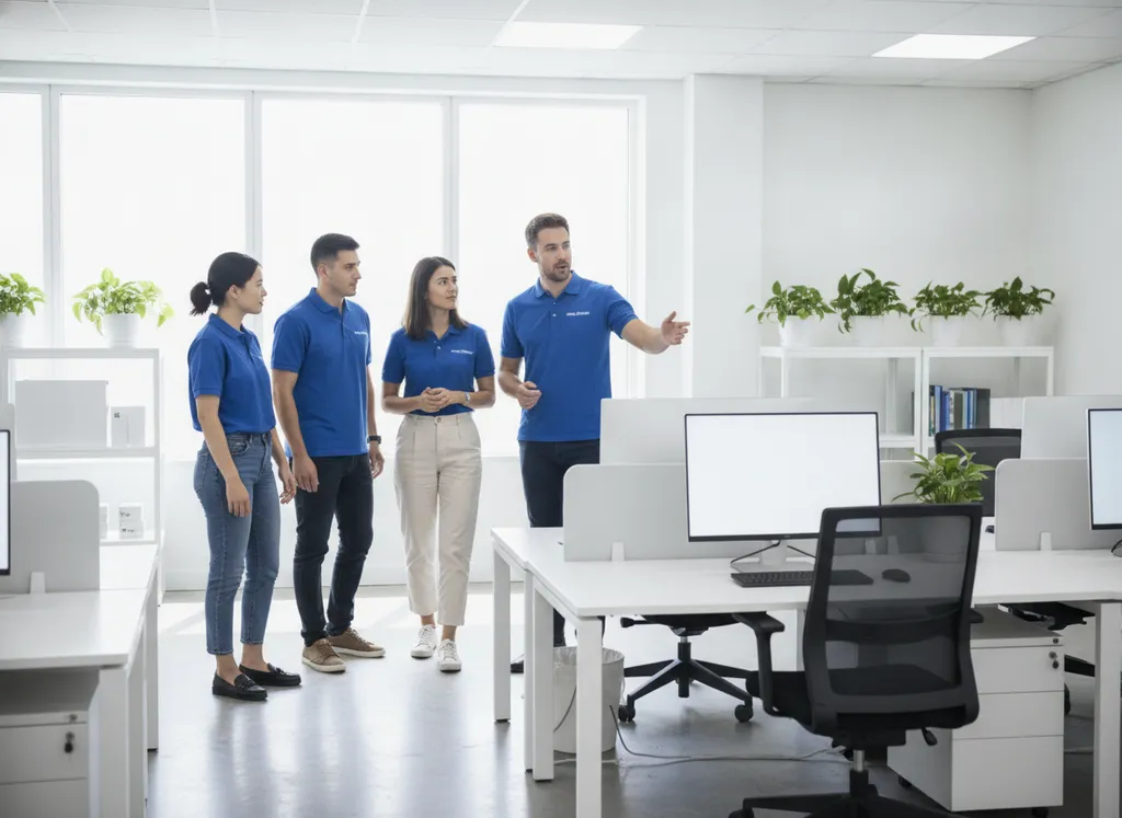 A worker giving visitors a tour through the office.
