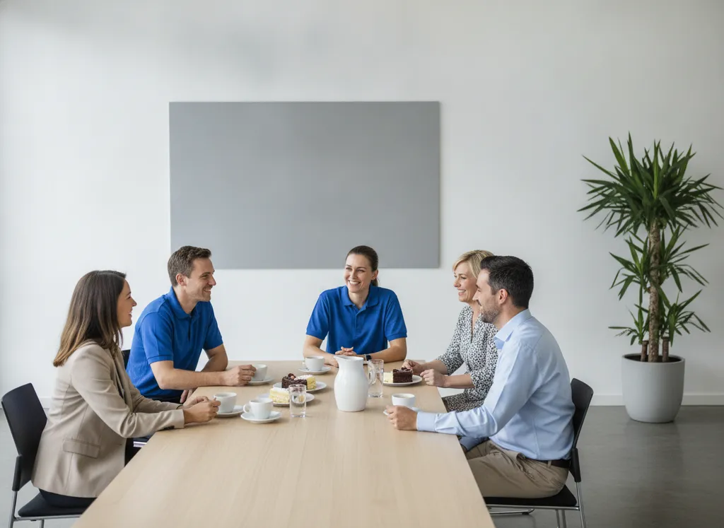 Workers and visitors having coffee and cake together.