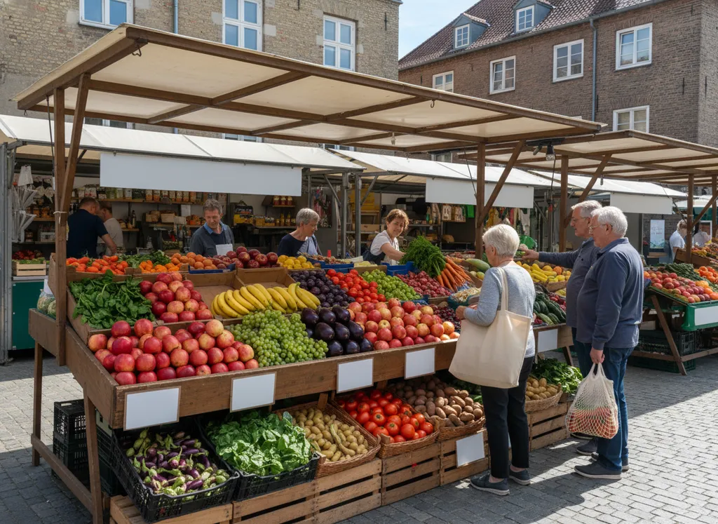 An outdoor market stall with fruit and vegetables.