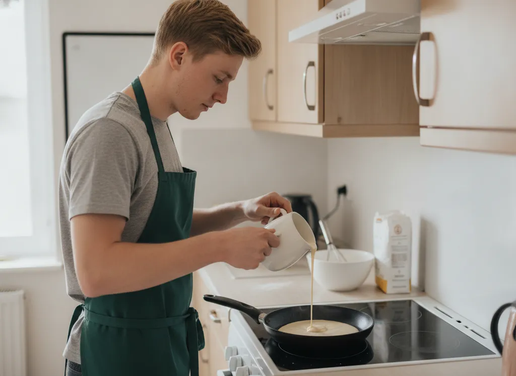 The man pouring batter into a frying pan on the stove.