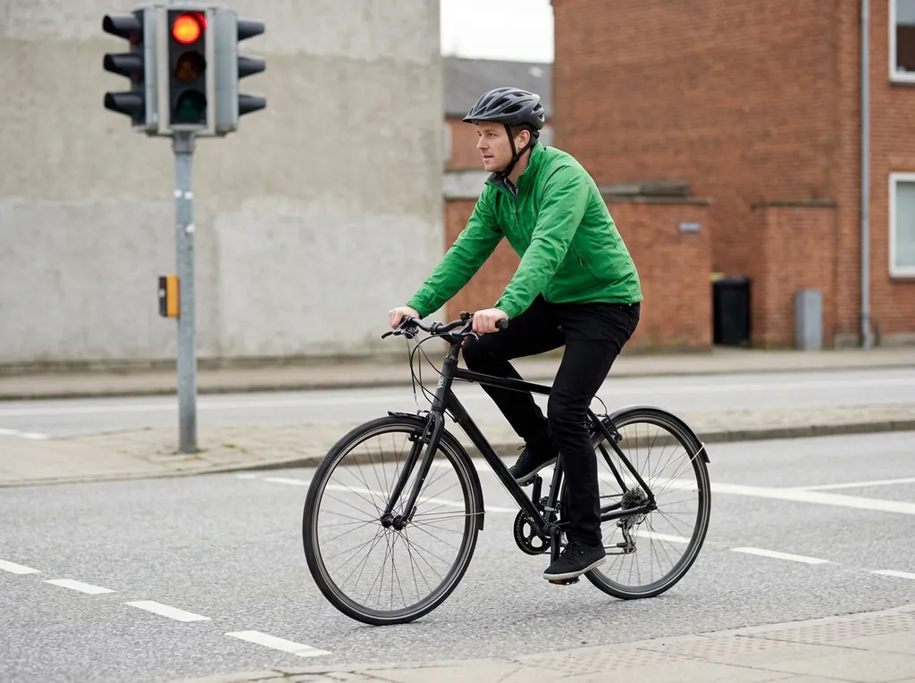 Een fietser rijdt door rood bij een kruising.