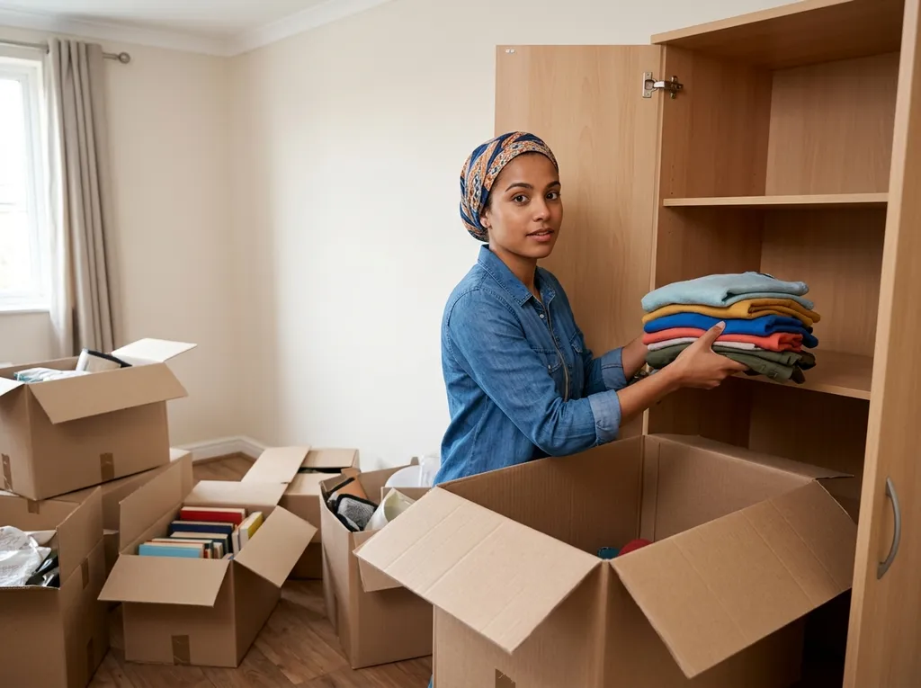 De vrouw pakt de dozen uit in haar nieuwe huis.