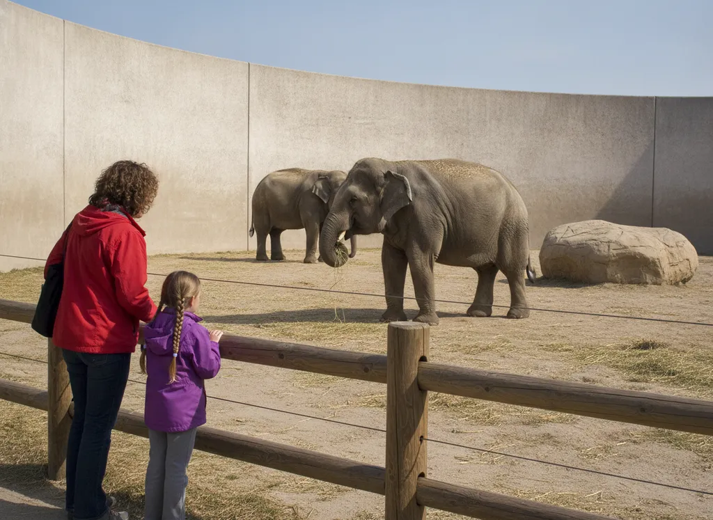 The woman and the girl looking at elephants at the zoo.