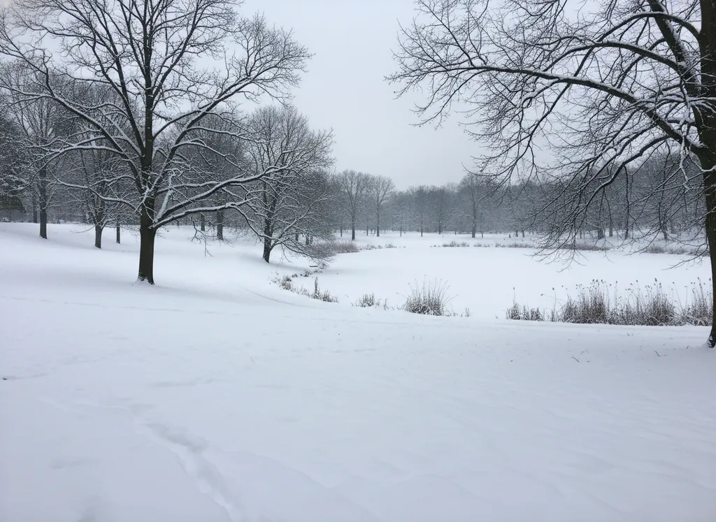 A snowy park in winter.