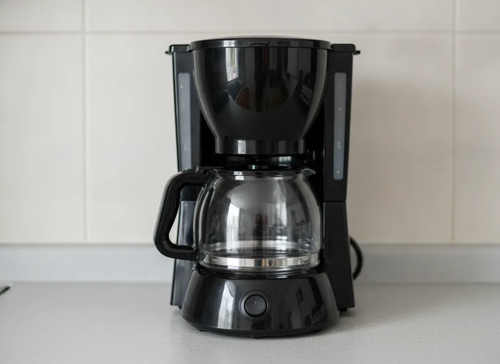A black filter coffee machine with a glass jug, a water tank and a power button, on a counter.