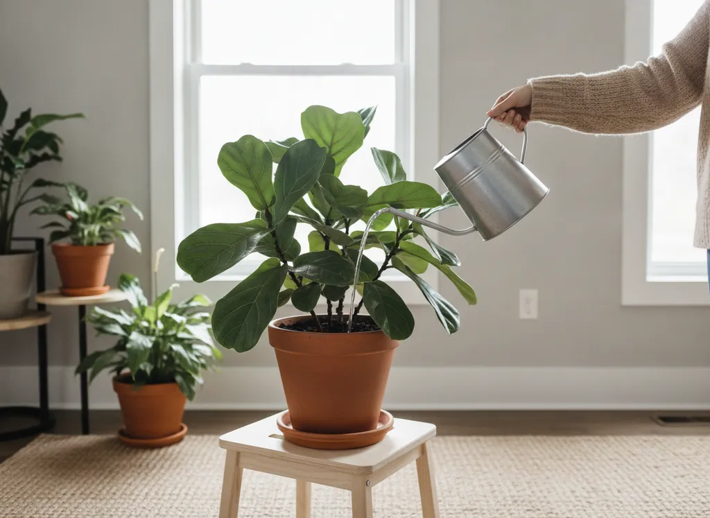 Een grote plant krijgt water uit een gieter.