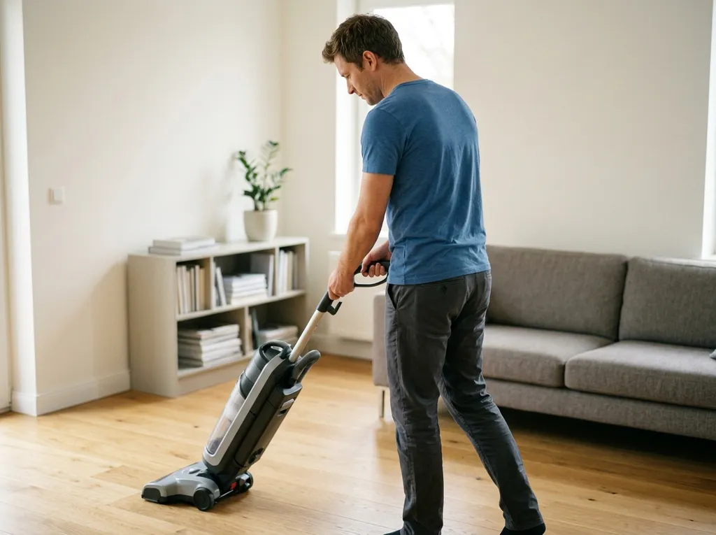 A man vacuuming the tidy room.