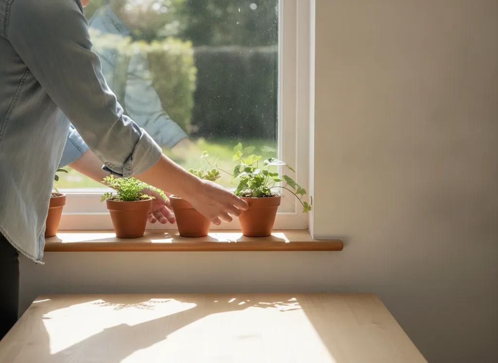 Kleine plantjes worden in de zon op de vensterbank gezet.