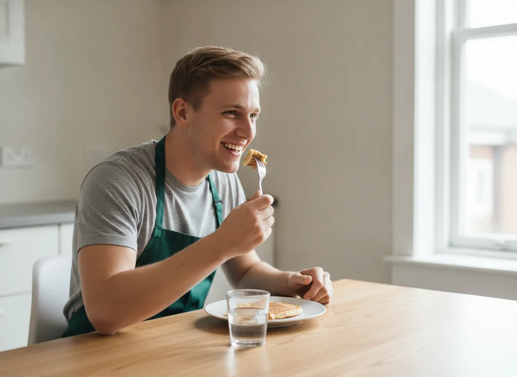 The man eating a finished pancake at a table.