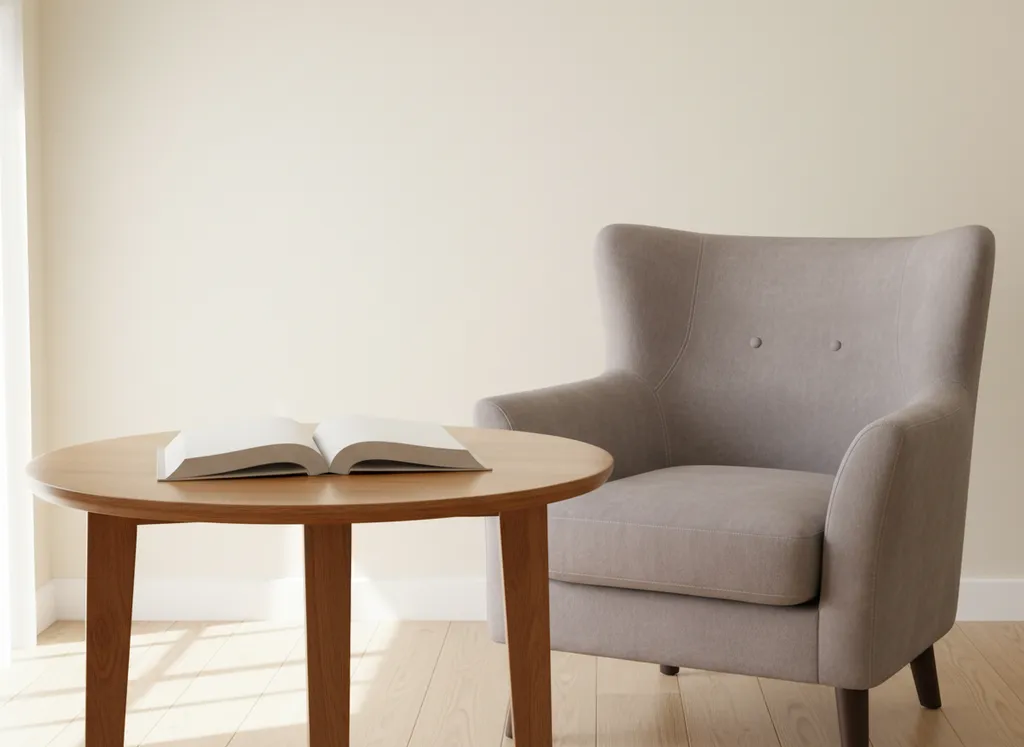 An open book on a table by a chair.