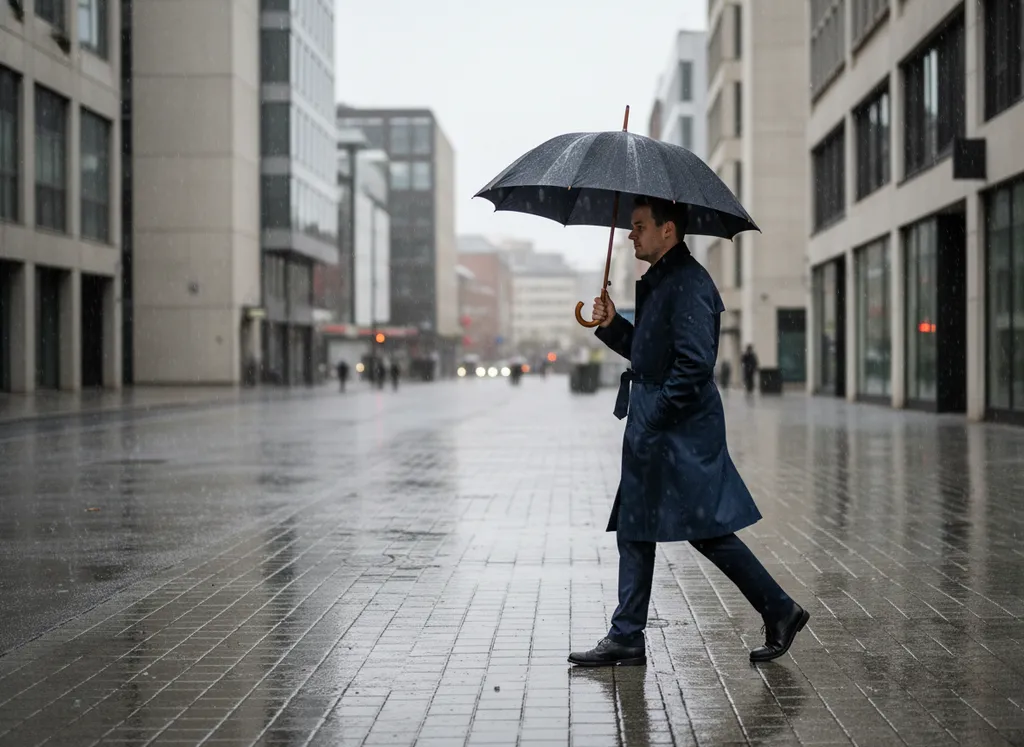 A man walking in the rain with an open umbrella.