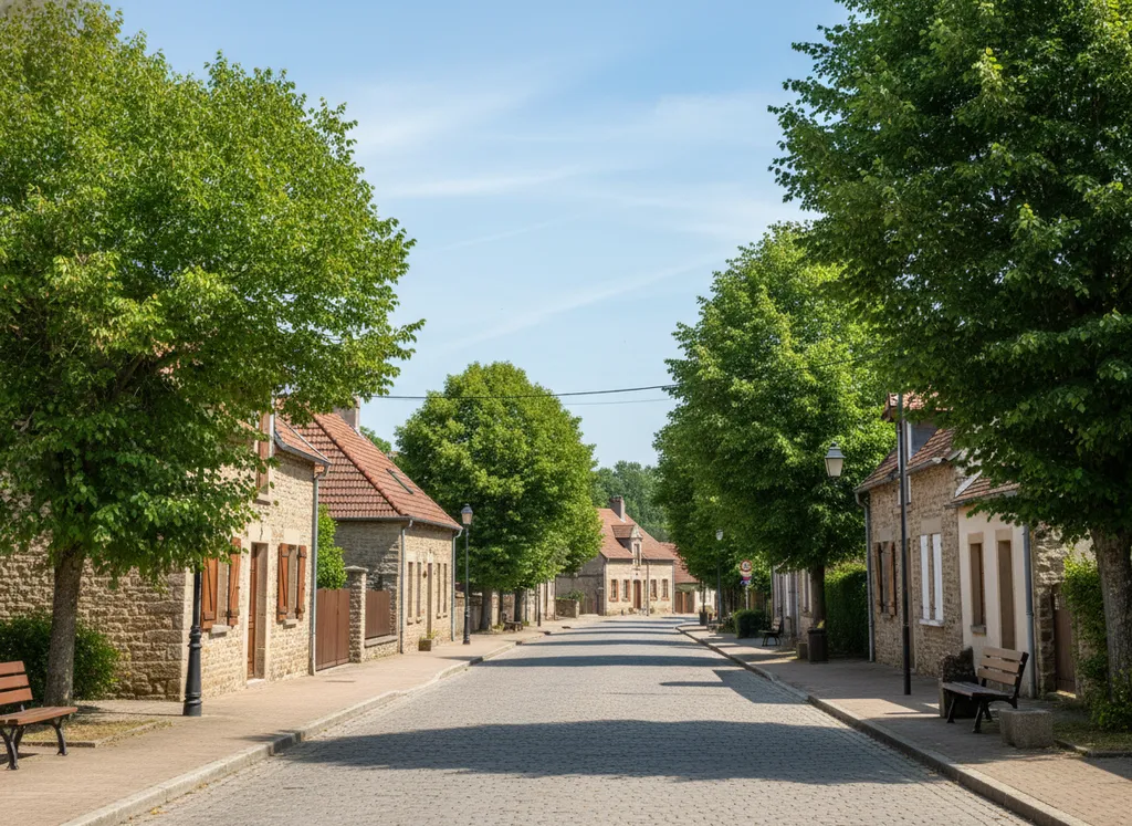 A quiet village street with small houses.