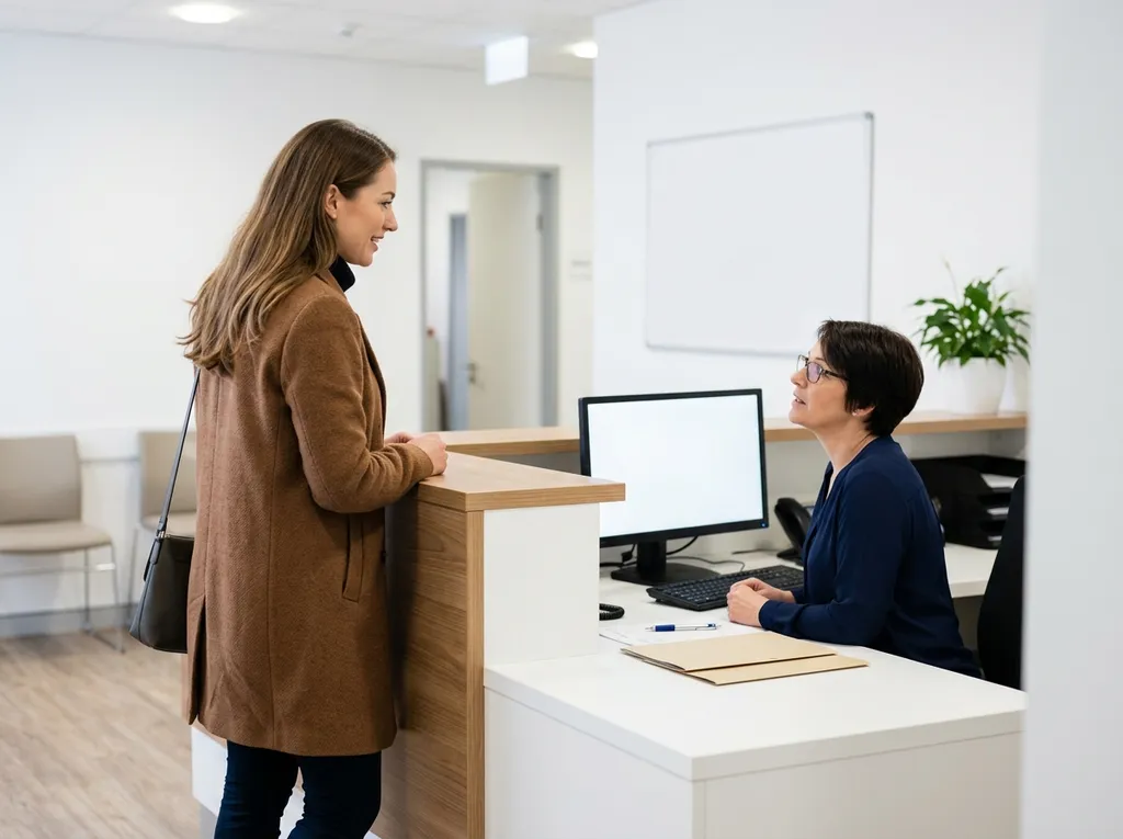 A woman checking in at the reception desk.