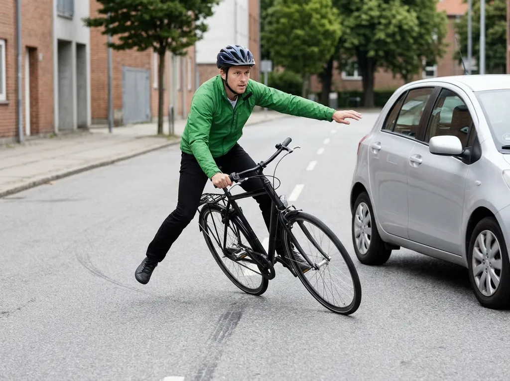 De fietser wijkt uit en botst bijna tegen een auto.