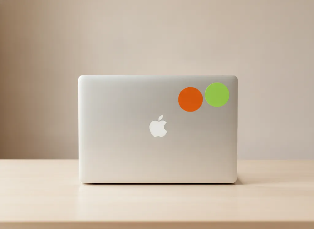 A closed silver laptop with one orange and one green round sticker on the lid, on a desk.