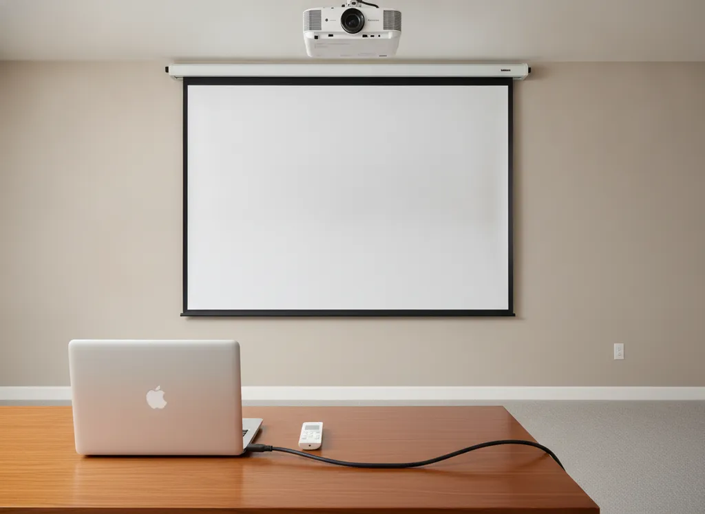 Een laptop met een kabel, een afstandsbediening en een beamer aan het plafond.