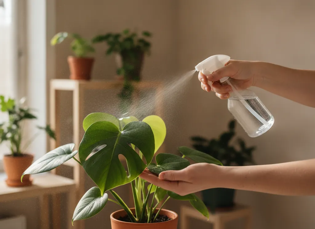 De bladeren worden besproeid met een plantenspuit.