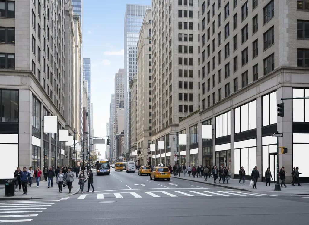 A busy city street with tall buildings.
