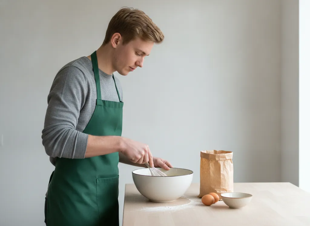 The man whisking batter in a bowl with flour and an egg nearby.