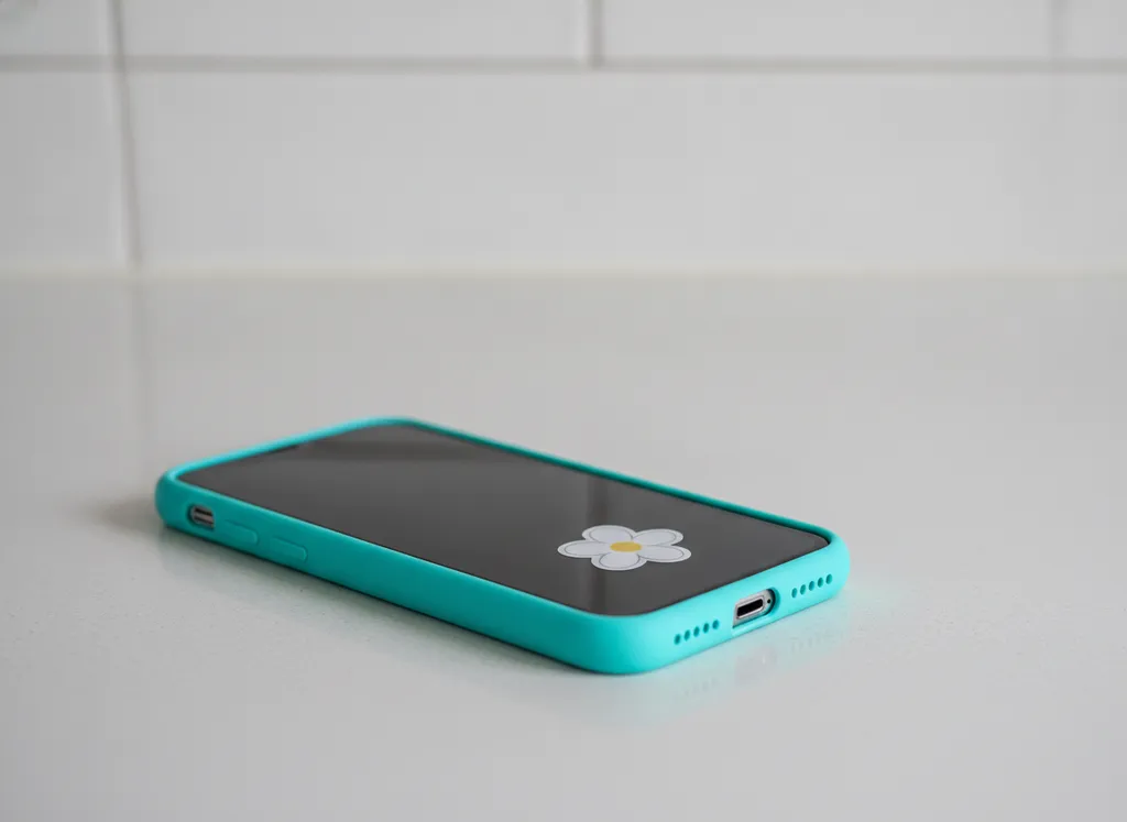 A smartphone with a turquoise case and a small white flower sticker, lying on a counter.