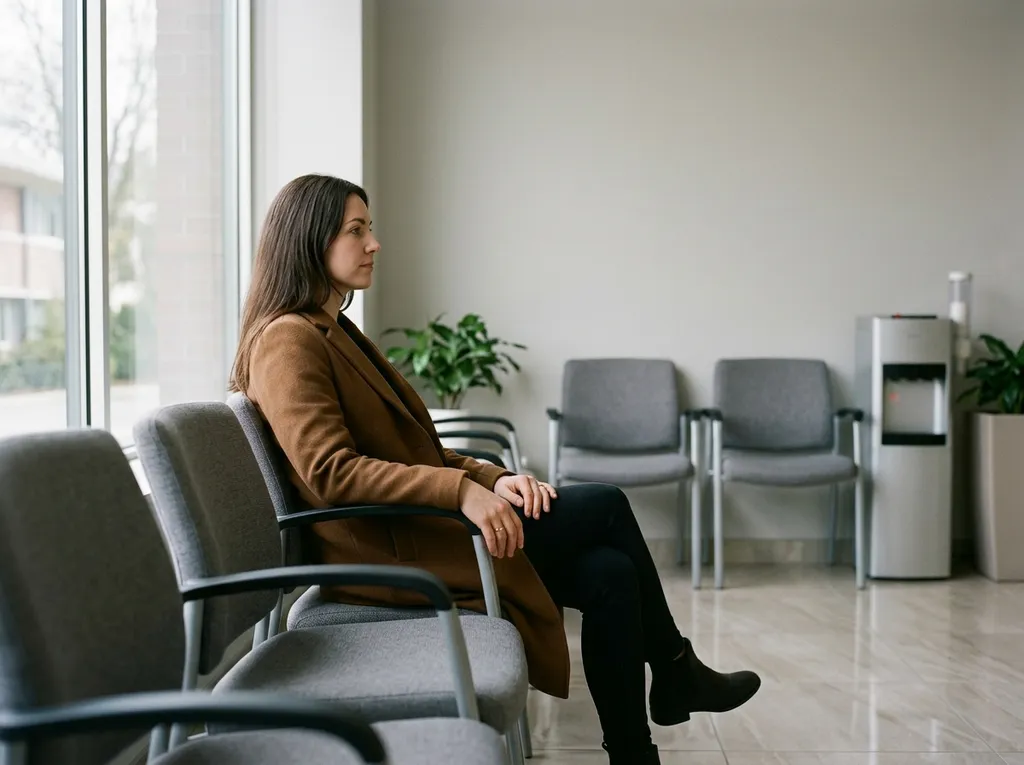 A woman sitting and waiting in the waiting room.