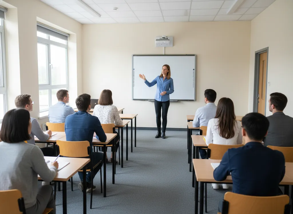 A classroom with a teacher and adult students.