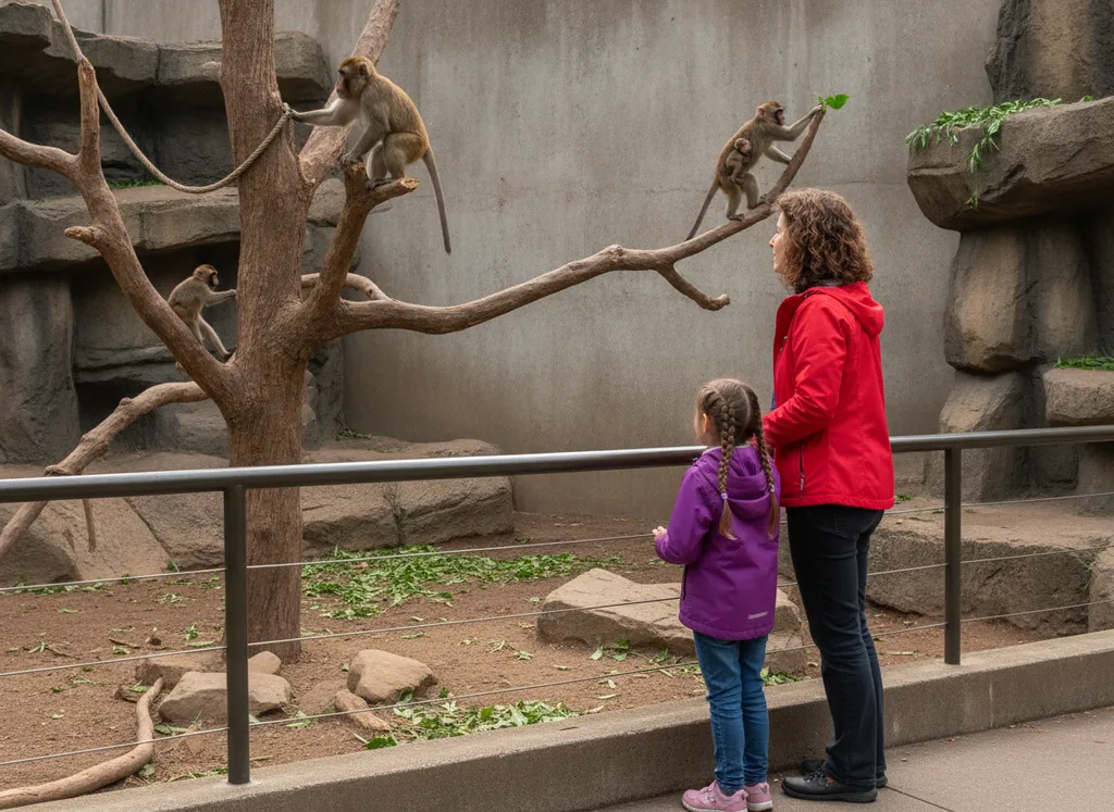The woman and the girl watching monkeys climb in a tree.