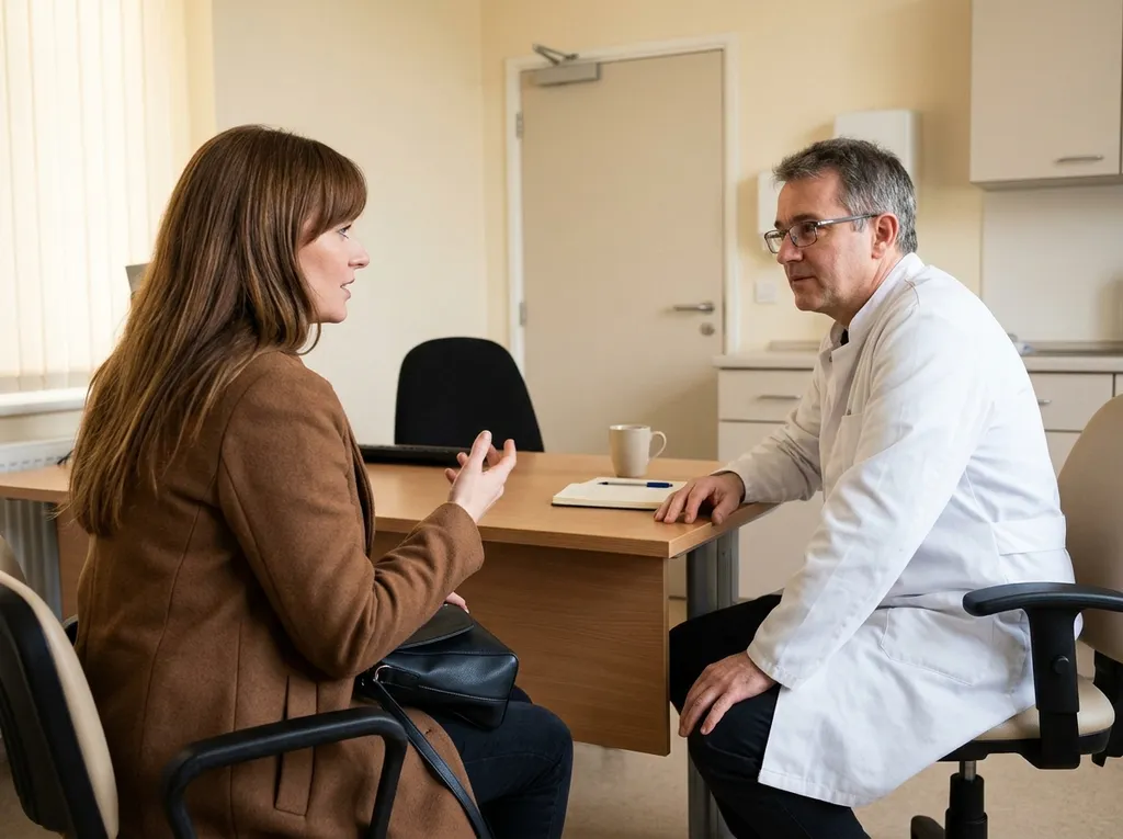 A woman talking with the doctor in the consulting room.