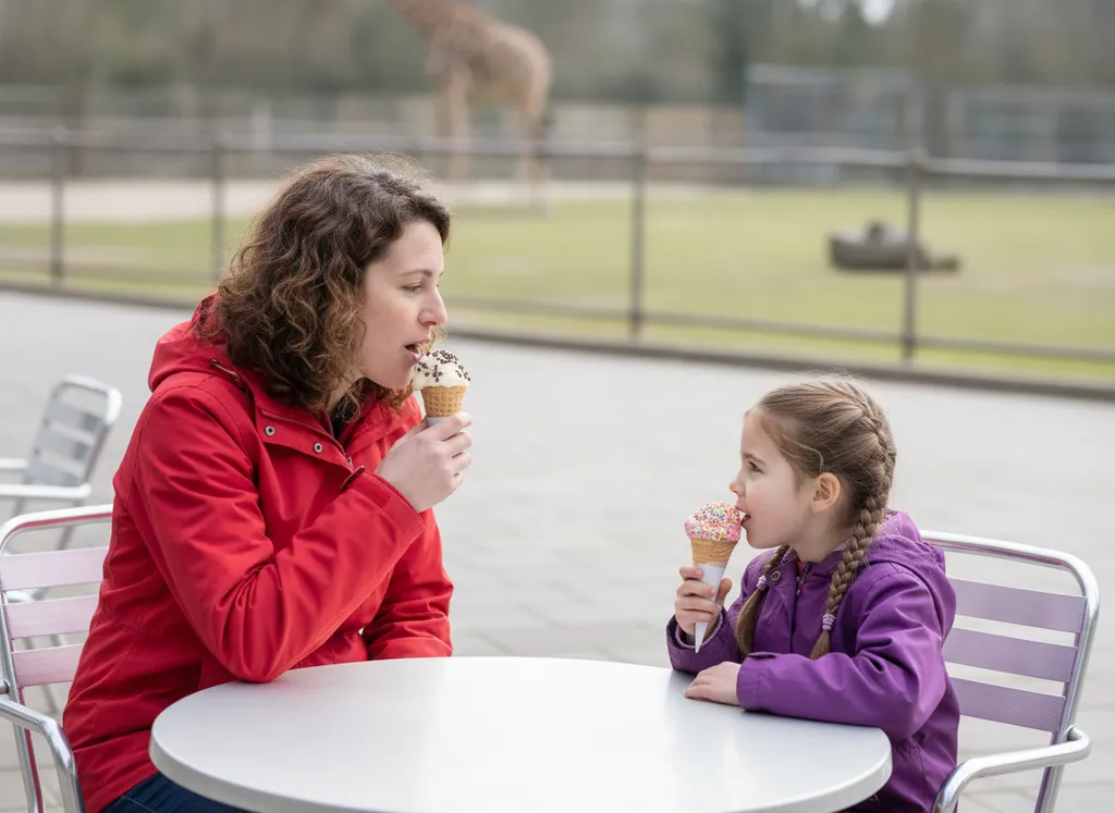 The woman and the girl eating ice cream at a zoo cafe table.