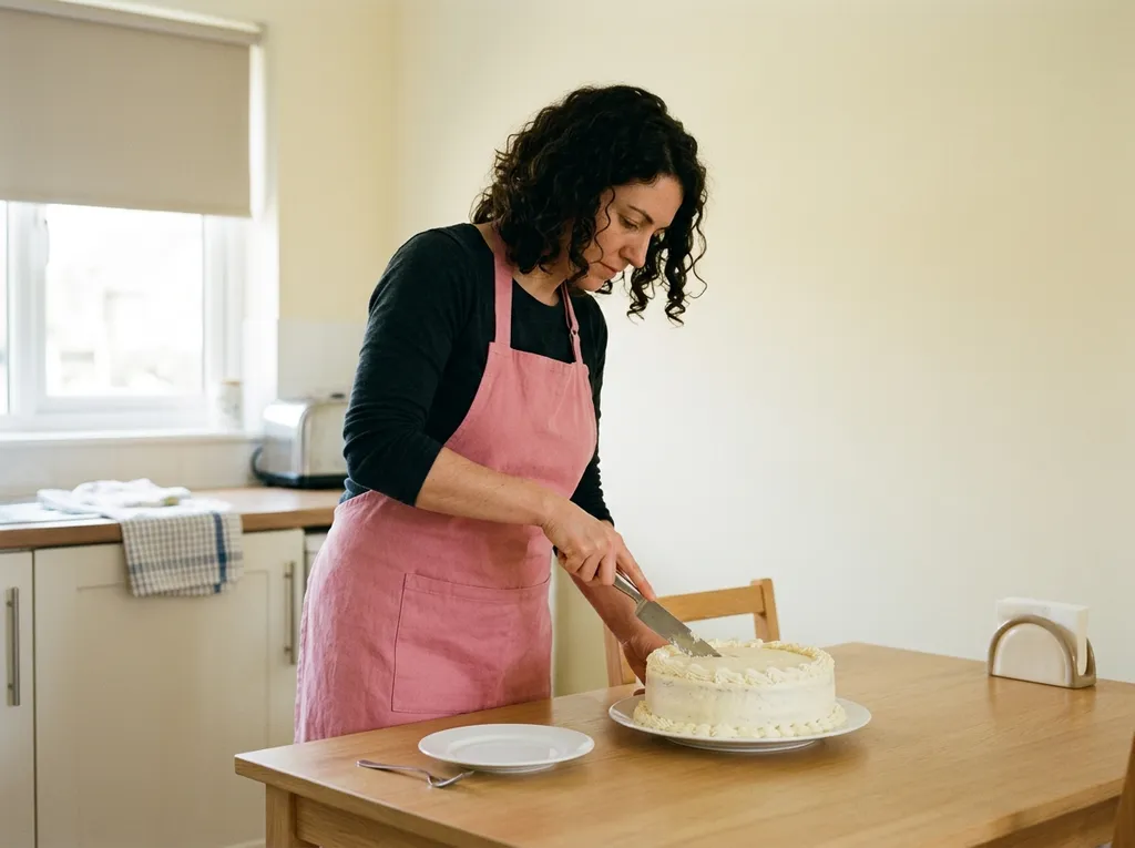 A woman cutting a slice of the finished cake.
