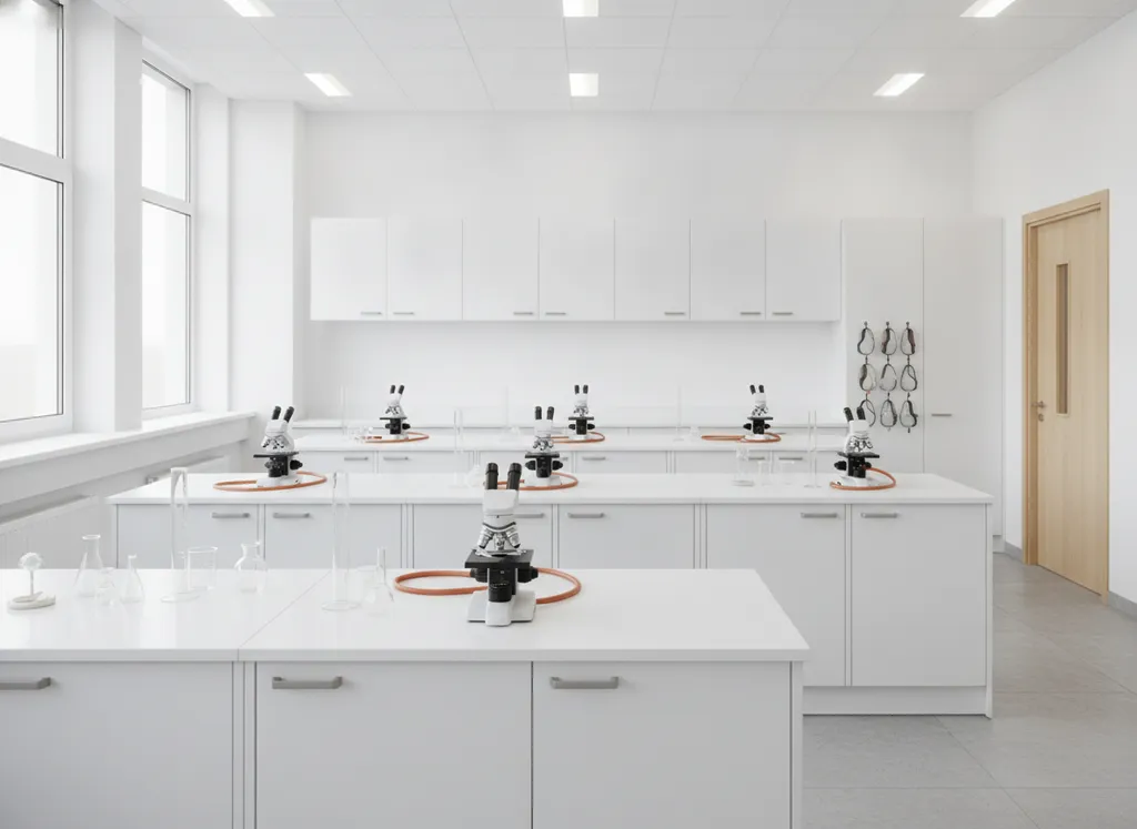 Een modern practicumlokaal met werktafels, apparatuur en kastjes.