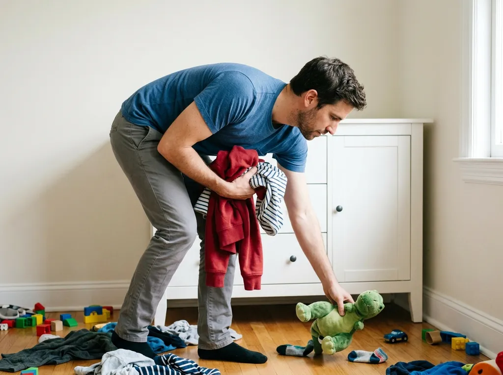 A man picking up clothes and toys from the floor.