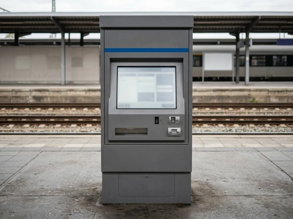 A grey ticket machine on a platform, with a screen, a card reader and a slot.