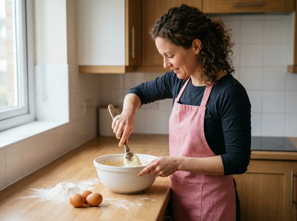 A woman making cake dough in a bowl.